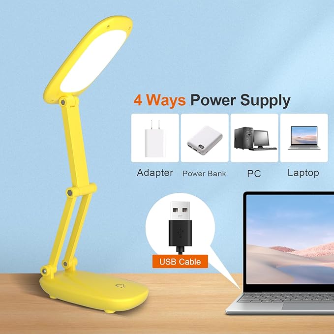 Akejrym LED Desk Lamp for Office Home & Battery Operated Lamp Rechargeable Lamp Foldable & Portable Light, [2-Fold Bracket] 3 Brightness Dimmable Small Desk Lamp Wireless Reading Lamp (Yellow)
