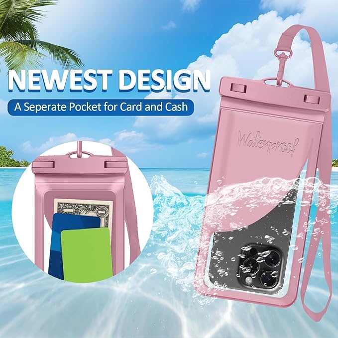 Waterproof Phone Pouch, with Interior Card Pocket, Large Waterproof Phone Case for iPhone 17 16 15 14 Pro Max, IPX8 Lightweight Phone Dry Bag, Beach Cruise Ship Essential,2 Pc-Pink+Blue-8.3″