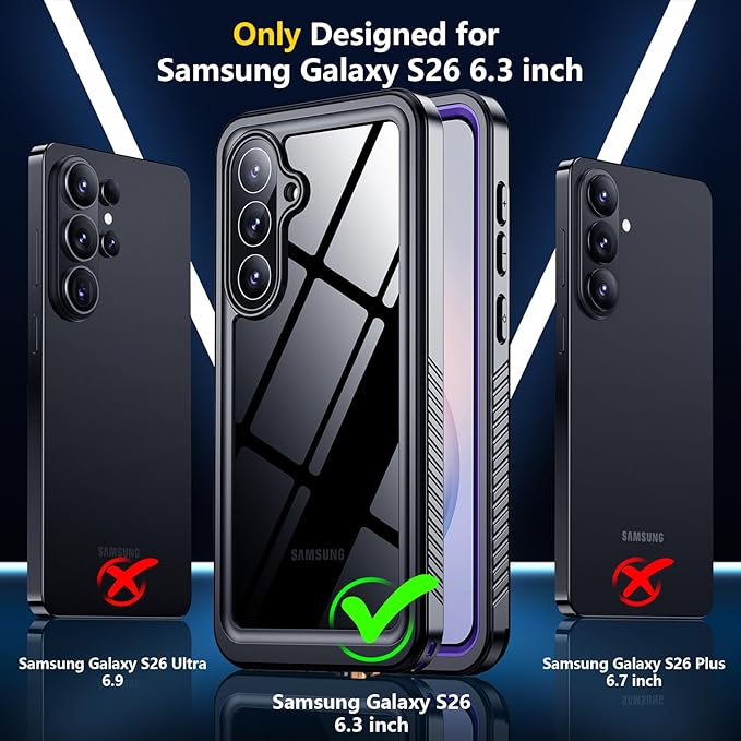 SPIDERCASE Designed for Samsung Galaxy S26 Case Waterproof,Built-in Screen & Camera Lens Protector[IP68 Underwater] [Military Grade Shockproof] Full Body Protection Phone Case,Purple/Clear