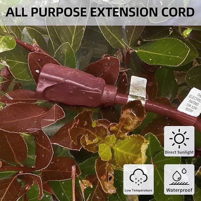 YOJOE Indoor Outdoor Extension Cord, 3 Prong 13A Weatherproof Power Cord, 16 Gauge Heavy Duty 10 ft Brown Extension Cord for Garage, Garden and Home, 16/3 SJTW UL Listed