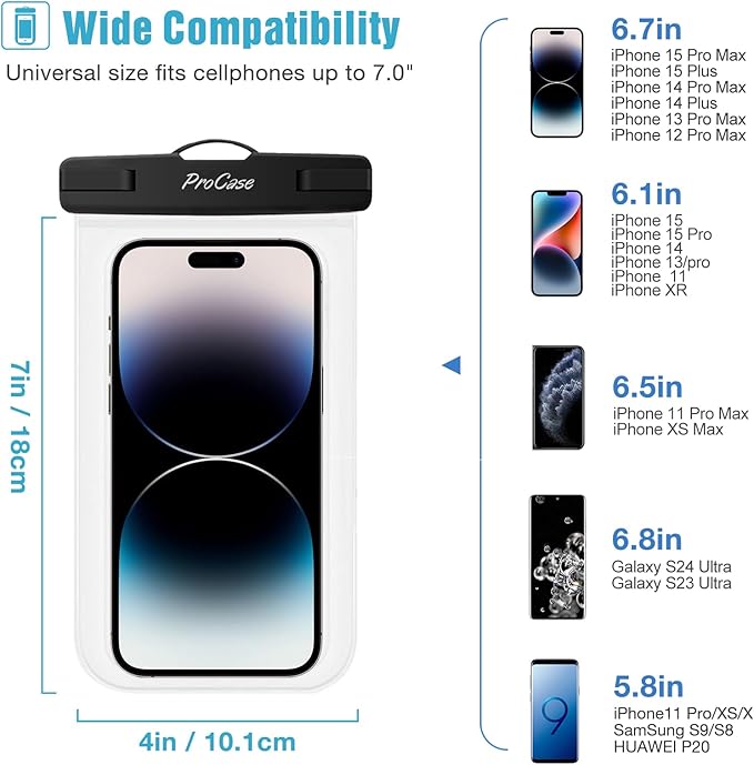 ProCase 6 Pack Waterproof Phone Pouch Dry Bag Underwater Case for iPhone 16 15 14 13 12 11 Pro Plus Max Mini Xs XR X 8 7, Galaxy S23 S22 S21 Ultra Note up to 7" -Mixed