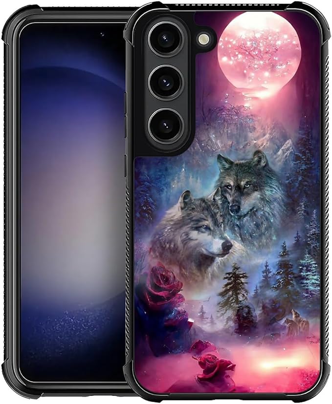 for Samsung Galaxy S23 Plus Case, Star Two Wolfs Howling Pattern Graphic Design Girl Boy Soft Silicone Hard Acrylic Shock Protection for Samsung Galaxy S23 Plus