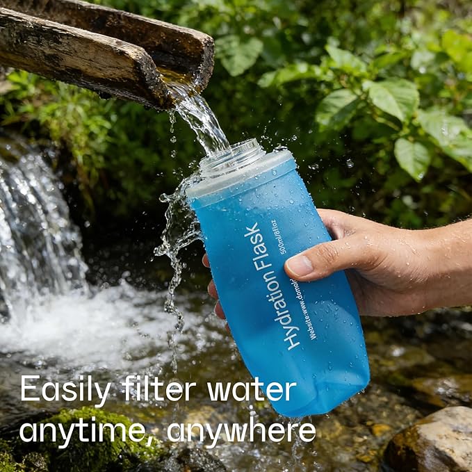 GUYI 500ml Collapsible Water Filter Bottle, Removes Impurities, BPA Free, Ultralight for Hiking, Camping, Cycling & Travel-Blue