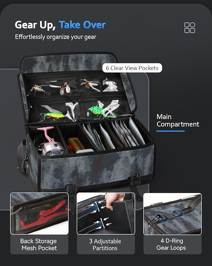 Large Fishing Tackle Bag for Soft Plastic Baits Storage, 20PCS Soft Bait Clear Storage Bag, Fishing Gear Organizer for Weights, Reels & Hooks, 900D Waterproof Oxford Fabric