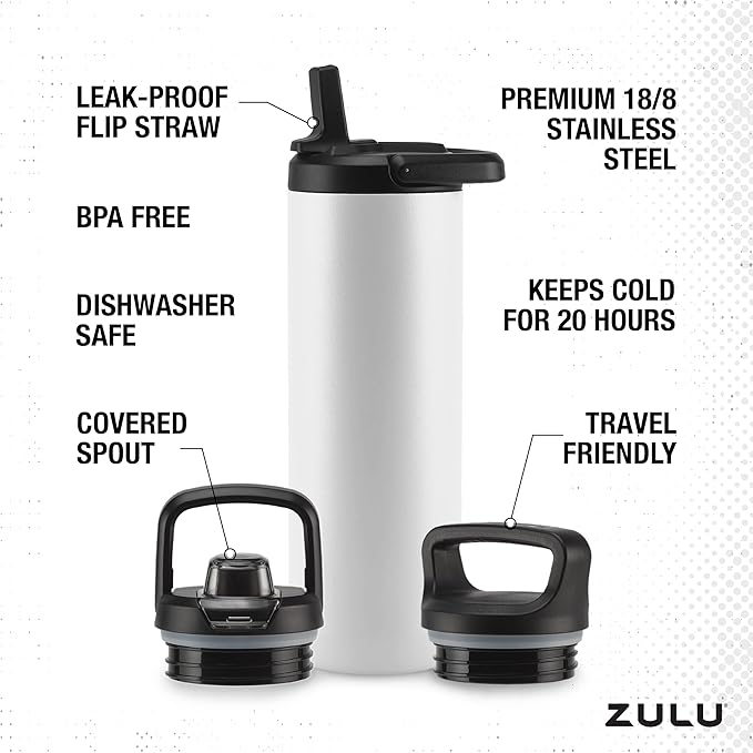 ZULU Base 24oz Stainless Steel Water Bottle with 3 Lids- Straw, Chug, Twist | Double Walled and Vacuum Insulated Metal Thermos | Fits Car Cupholder, Built in Carry Loop, Dishwasher Safe, White