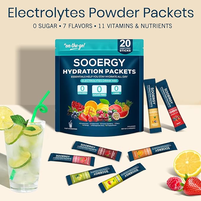 Electrolytes Powder Packets Sugar Free Hydration Packets, 7 Flavors Liquid Daily IV Electrolyte Drink Mixes for Rehydration with Electrolytes, Vitamins, 0 Calorie, 20 Sticks