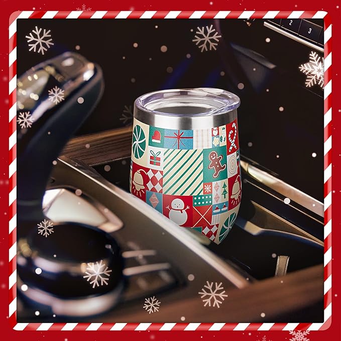 Christmas Wine Tumbler 12 oz Christmas Stainless Steel Wine Glass with Lid and Straw Stemless Double Wall Insulated Wine Cups Keeping Cold & Hot for Holiday Xmas Wedding Party Gifts (puzzle)