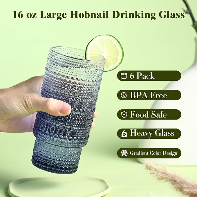 Large Capacity 16 oz Hobnail Drinking Glasses Set of 6, Vintage Glassware Drinking Glasses, Gradual Gray-blue Water Glasses Tumbler, Cups for Kitchen, Juice, Beer, Cocktail, Whiskey