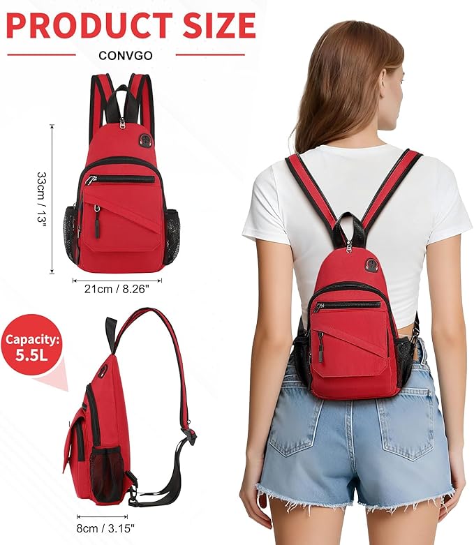 Small Crossbody Bag Casual Sling Bag for Men, Convertible Backpack, 3-in-1 Anti-Theft Shoulder Bag Trendy Daypack for Travel, Red