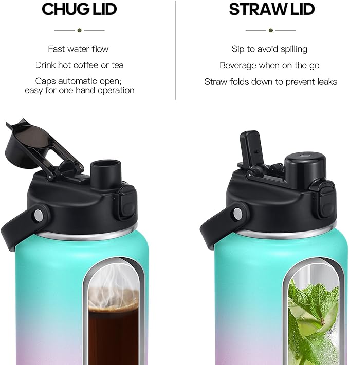 64oz Half Gallon Insulated Water Bottle with 2-in-1 Lid (Chug & Straw), Double Walled Vacuum Stainless Steel Water Bottles, Wide Mouth Leakproof Insulated Jug with Straw