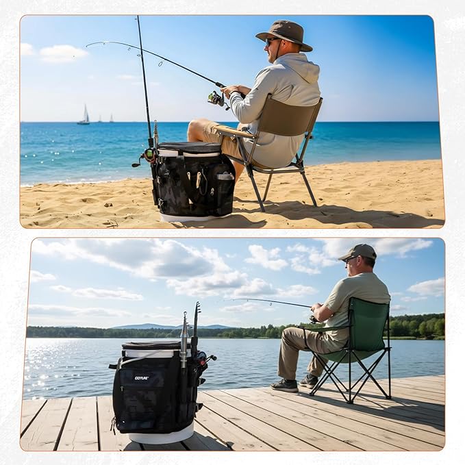 Goture Fishing Bucket Organizer for 5 Gallon Bucket, Heavy-Duty Waterproof Tackle Bag with 15+ Pockets, Ice Auger Holster & Secure Lock Straps for Ice Fishing Gear (Black, No Bucket)
