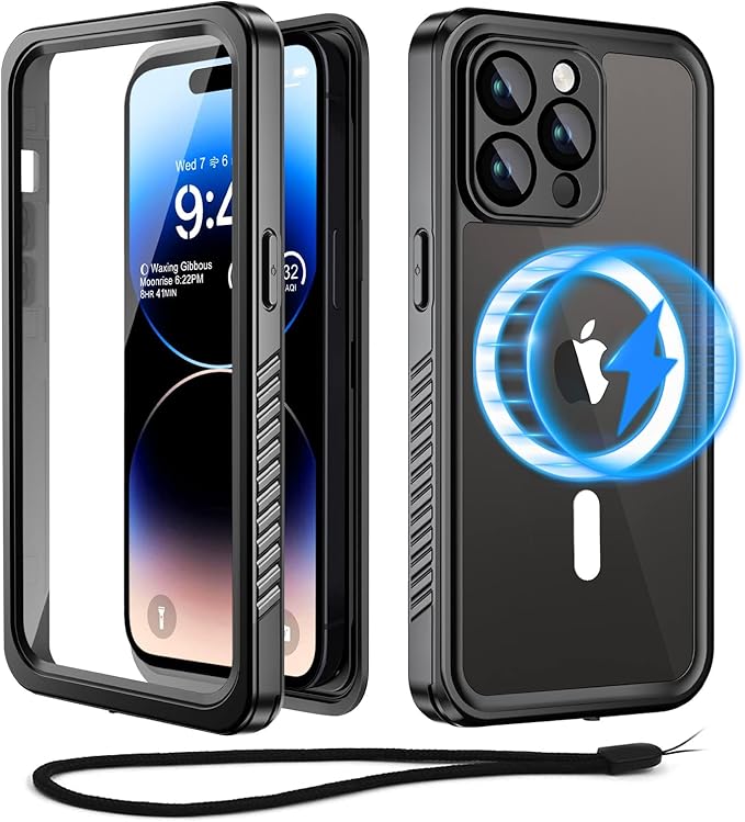 Beeasy for iPhone 14 Pro Waterproof Case with Magsafe IP68 Underwater Military Grade, Phone Case with Shockproof, Dustproof, Rugged 360 Full Body Protection Cover with Built-in Screen Protector Black