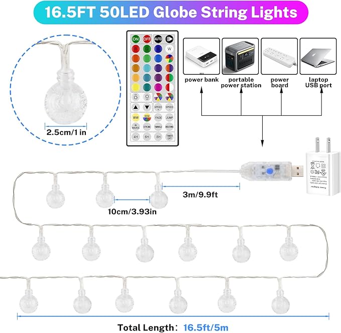 OMIKA Color Changing Indoor String Light USB Plug, 16.5ft 50 LEDs Crystal Globe Fairy Lights with Remote Timer Ambient Lighting for Girls Bedroom Home Xmas Halloween Party Decor (24 Colors+Warm White)