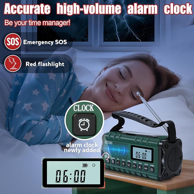 Emergency NOAA Weather Alert Radio with Solar & Hand Crank USB-C Charging Portable AM/FM Radio 3W Flashlight, Reading Lamp, Cell Phone Charger, SOS for Hurricane, Storm, Camping Emergencies