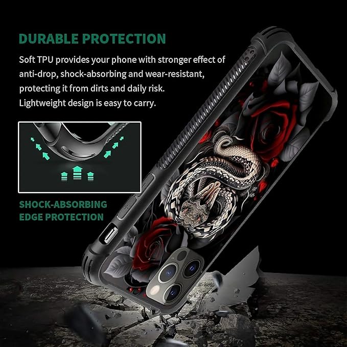 for iPhone 11 Pro Max Case, Entwined Rose Snake Pattern Graphic Design Girl Boy Soft Silicone Hard Acrylic Shock Protection for iPhone 11 Pro Max