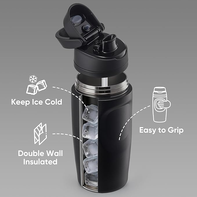 Fijinhom 16 oz Insulated Water Bottle,Stainless Steel Sports Water Bottle with Straw, Double Wall Vacuum Leak Proof, Cold for 24 Hours, BPA Free for Travel, Sport, Outdoor, Black