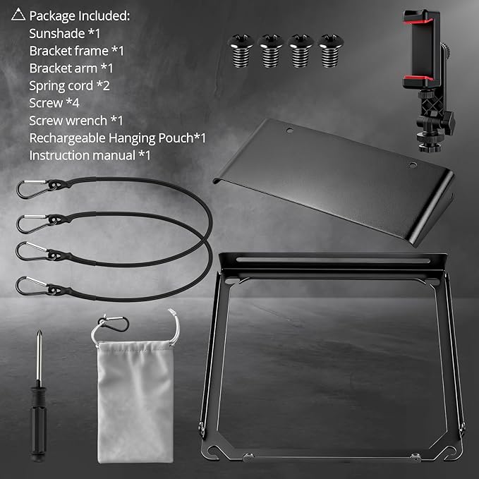 CAMWAY Adjustable Phone Fence Mount with Sunshade - Outside Universal Holder for Smartphone, GoPro, Mevo Start,Action Cameras,Include Hanging Bag,Phone Shade for Recording Tennis Baseball,etc