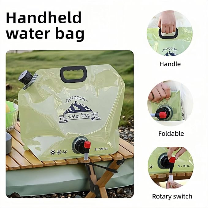 8L/281oz Outdoor Collapsible Water Jug BPA-Free w/Adjustable Faucet - Portable Leakproof Water Storage for Camping, Hiking, Travel & Emergencies (Light green)