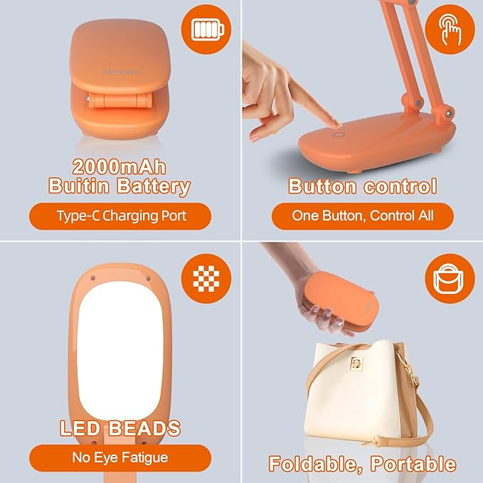Akejrym LED Desk Lamp for Office Home & Battery Operated Lamp Rechargeable Lamp Foldable & Portable Light, [2-Fold Bracket] 3 Brightness Dimmable Small Desk Lamp Wireless Reading Lamp (Orange)