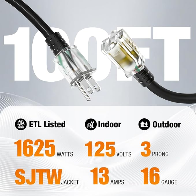 100 FT Outdoor Extension Cord Waterproof, 16/3 Gauge Heavy Duty 3 Prong Power Cord with Lighted Indicator End, 13A 125V 1625W SJTW, ETL Listed, Great for Lawn/Garden/Home(Black)