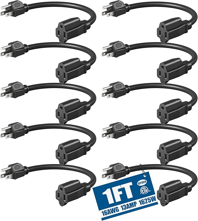 DEWENWILS 10Pack Short Extension Cord, 1 Foot Power Cord, 16 AWG SJTW Weatherproof Extension Cable for Indoor Outdoor Use, 3 Prong Grounded Outlets Plugs, NEMA 5-15P to NEMA 5-15R, Black, UL Listed