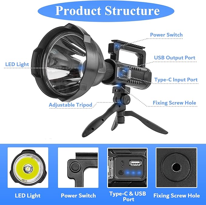 Rechargeable Spotlight, 2,000,000L High Lumens Led Spot Lights Outdoor Handheld Super Bright Long Range Powerful Flashlight with 4 Modes, Tripod, USB C, IPX5 Waterproof for Fishing Boating Camping