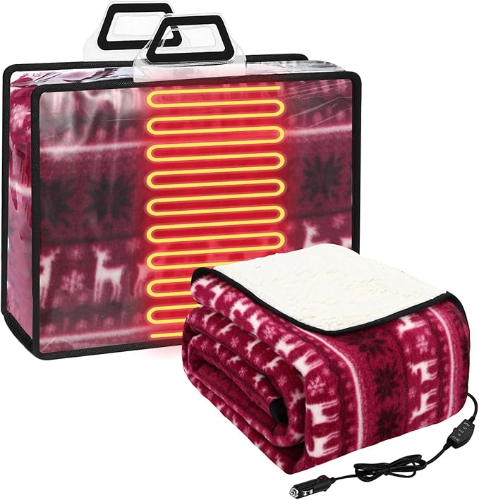 Riakrum 12V Car Heated Blanket for Cold with 2 or 3 Heating Levels 58 x 43 Emergency Winter Adjustable Temperature Electric Blanket Throw Gift Plugs in Car RV Truck SUV(Red and White,Reindeer)