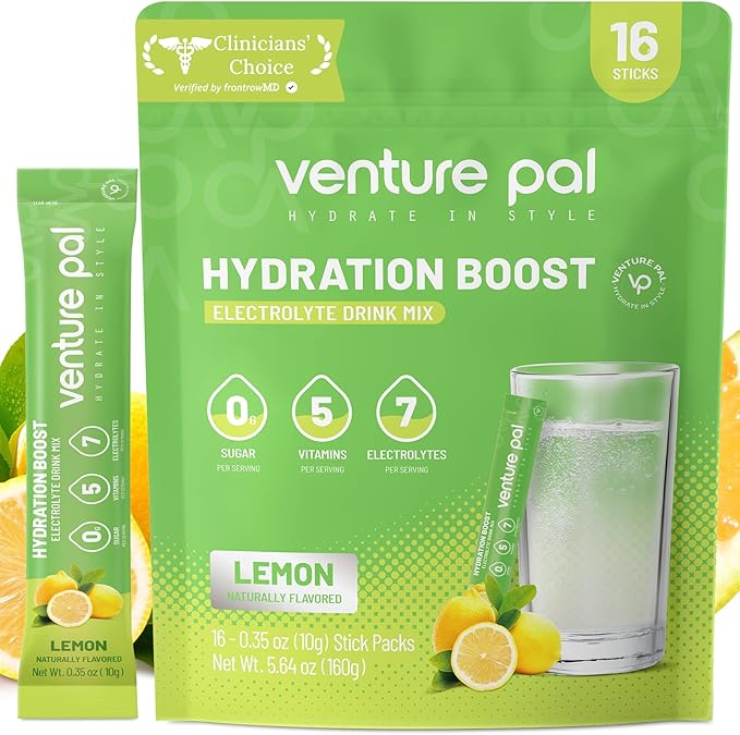 Venture Pal Sugar Free Electrolytes Powder Packets - Liquid Daily IV Hydration Packets | Instantly Hydrating & Party Recovery | 5 Vitamins & 7 Electrolytes | Certified Vegan, Keto, Non-GMO | 16 Sticks