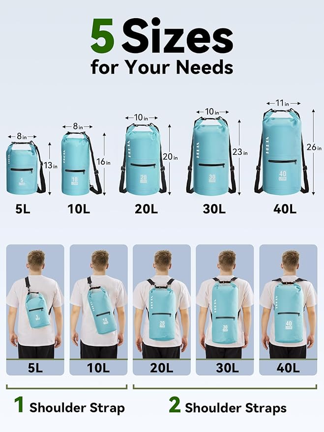 HEETA Waterproof Dry Bag with Front Zippered Pocket for Women Men, 5L/10L/20L/30L/40L Roll Top Lightweight Dry Storage Bag Backpack for Travel, Kayaking, Boating, Rafting, Camping, Hiking & Beach