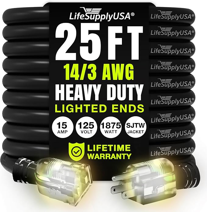 25ft Outdoor/Indoor Extension Cord 14/3 Gauge Heavy Duty 3 Prong SJTW, Waterproof, Flexible Cold-Resistant Long Power Cord,15A 125V 1875W, Black by LifeSupplyUSA