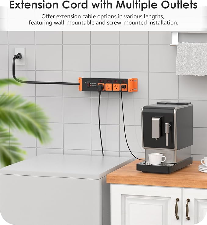 CCCEI Heavy Duty Surge Protector Power Strip 20 Amp Individual Switches. 15FT 12 Gauge Extension Cord with Multiple Outlets. Kitchen, Garage, Shop, Industrial Wall Mount Electric Extender, Orange.