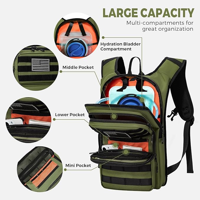 Koculemi Tactical Hydration Backpack with 2L Water Bladder and Front Small Tactical Pouch, Outdoor Water Backpack for Men Women, Sports Hydration Pack for Hiking, Cycling, Climbing