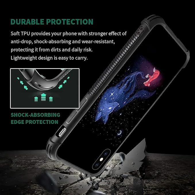 for iPhone X/Xs Case, Galaxy Fox Wolf Pattern Graphic Design Girl Boy Soft Silicone Hard Acrylic Shock Protection for iPhone X/Xs