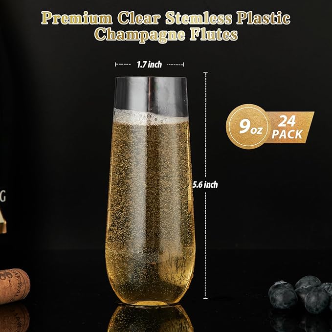 FOCUSLINE 24 Pack 9 Oz Clear Plastic Champagne Flutes, Stemless Plastic Champagne Glasses Clear, Heavy Duty Toasting Glasses, Shatterproof and Disposable Cups Perfect For Any Party