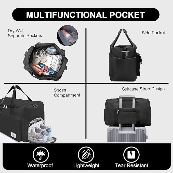 Suruid Gym Bag for Women Men, Travel Duffle Bag Large Capacity Carry On Weekender Bag With Shoe Compartment Gym Tote Dry Wet Separation Duffel Bag with Makeup Bag, Black