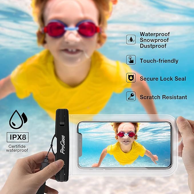 ProCase 6 Pack Waterproof Phone Pouch Dry Bag Underwater Case for iPhone 16 15 14 13 12 11 Pro Plus Max Mini Xs XR X 8 7, Galaxy S23 S22 S21 Ultra Note up to 7" -Black