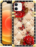 Compatible with iPhone 11 Case, Shining Red Rose Butterfly Leather Background Luxury Golden Decoration for Girl Women Soft TPU Shockproof Protective Hard PC Back for iPhone 11