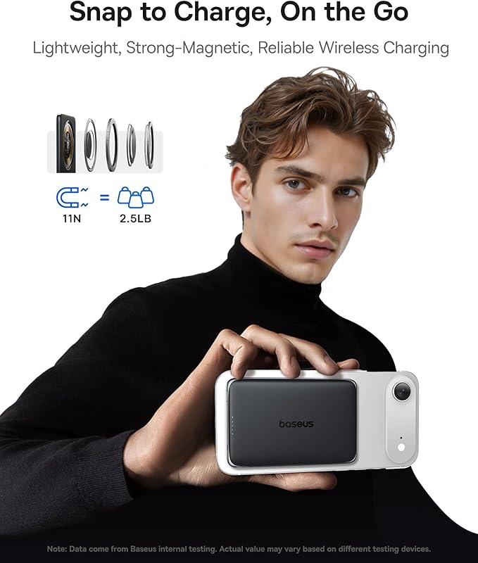 Baseus Picogo Power Bank, 0.3" Ultra Slim 5000mAh MagSafe Battery Pack, Update Polished Alloy Magnetic Portable Charger, Wireless Charger with USB-C Cable for iPhone 17 Pro Max/17 Air/16/15/14/13/12