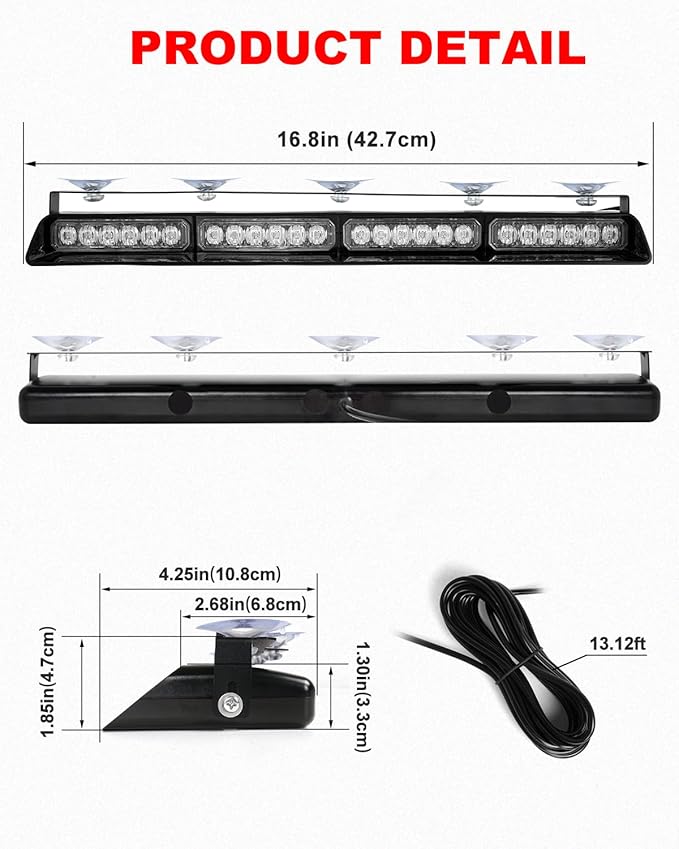 HLauto 6Z4J Emergency Dash Strobe Lights: 2x16.8 inch Red Safety Lights, 48 LED Flashing Warning Hazard Interior Windshield Visor Traffic Light Bar for Trucks, Construction Vehicles