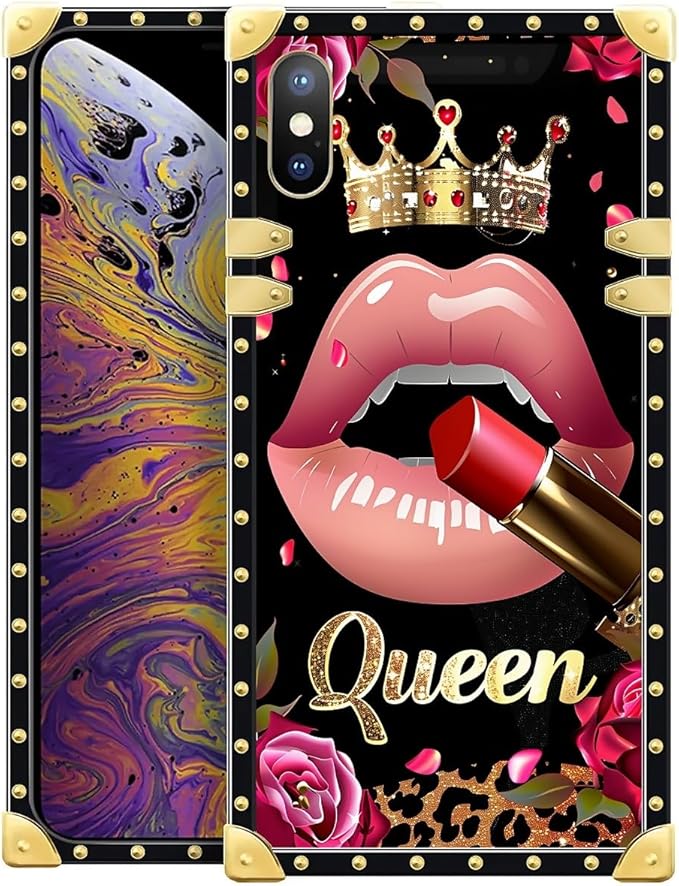 Compatible with iPhone XR Case, Glitter Red Rose Queen Leopard Lipstick Luxury Golden Decoration for Girl Women Soft TPU Shockproof Protective Hard PC Back for iPhone XR