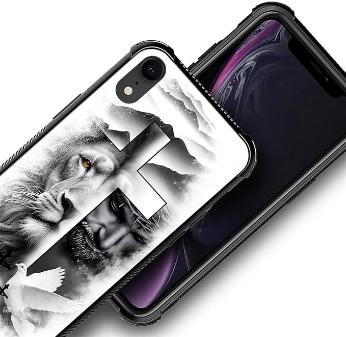 for iPhone XR Case, Lion Cross Jesus Christ Dove Pattern Graphic Design Girl Boy Soft Silicone Hard Acrylic Shock Protection for iPhone XR
