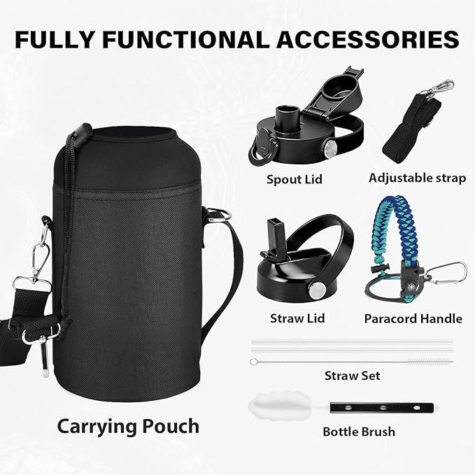 One Gallon Insulated Water Bottle, Triple Wall 128 oz Stainless Steel Wide Mouth Water Bottles (Cold for 48 Hrs), Leak Proof, Non-BPA, Large Water Flask Jug with Paracord Handle & Straw Spout Lids