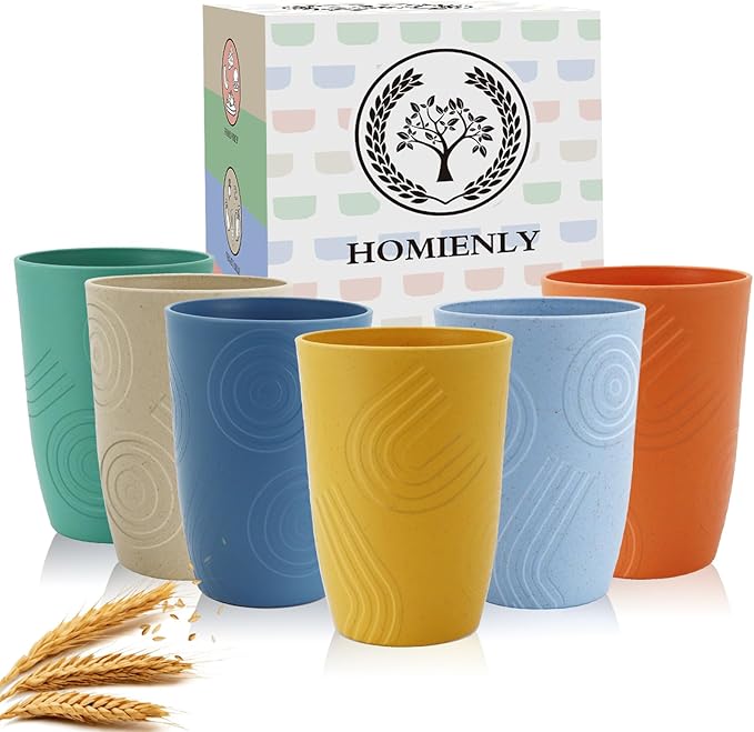 Homienly Wheat Straw Cups Set Unbreakable Drinking Glasses & Reusable Plastic Cups Alternative Microwave Dishwasher Safe Tumblers 16 oz Cups for Kitchen, Kids, Water, Coffee, Juice, Set of 6 (Multi)