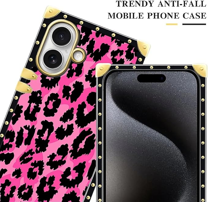 for iPhone 17 Case Luxury Golden Decoration for Girl Women Soft TPU Shockproof Protective Hard PC Back for iPhone 17 Crazy Pattern Pink Black Leopard