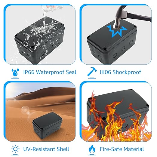 SuperInk Waterproof Electrical Junction Box Outdoor Black, IP66 Plastic Enclosure 7.1"x4.5"x4" (181x111x100mm), Weatherproof Project Box with M20 Cable Gland Entry, ABS Case for Garden, Workshop, DIY