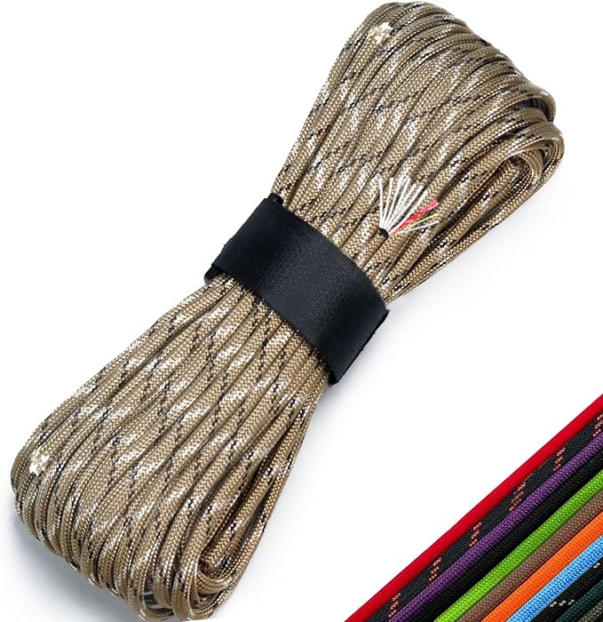 Survival Paracord 550 Fire Paracord Survivor Cord Nlyon Rope 10 Strands US Military Type III 550 Parachute Cord with Integrated Fishing Line, Fire-Starter Tinder 4 in 1