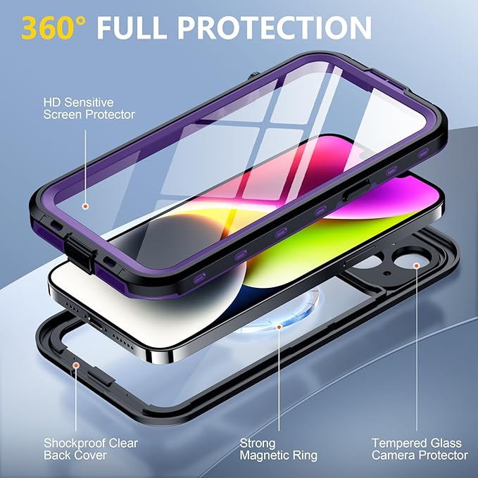Red2Fire for iPhone 14 Case Waterproof, [Built-in Screen Protector & Camera Protector][Compatible with MagSafe][Full Body Shockproof][IP68 Waterproof][Dustproof] Phone Case 6.1" Purple/Clear