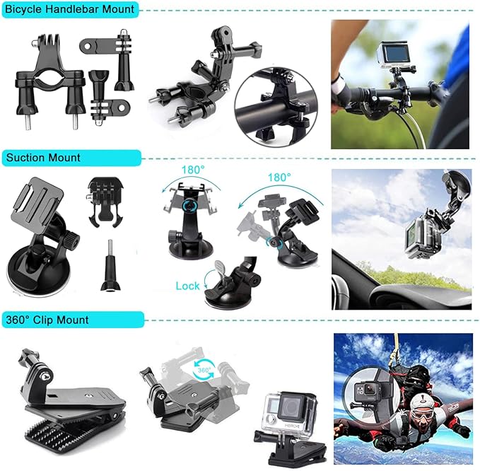 Action Cameras Accessory Kit, Bonvvie 50-in-1 Sports Camera Accessory Kit Compatible with Hero 13/12/11/10/9/8/7 Black, Max/Fusion, Insta360 Osmo Action SJCAM SJ6000 SJ5000 Campark REMALI