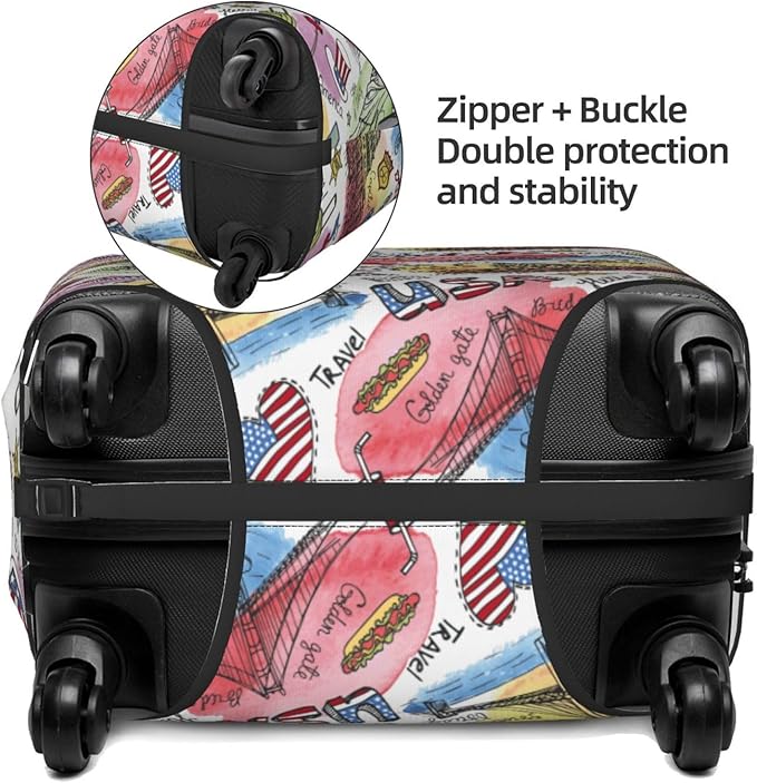 USA Landmarks Print Elastic Luggage Cover, Suitcase Protector For Travel (Fits 25-28 Inch Luggage)