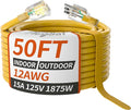 PlugSaf 50ft 12/3 Gauge Outdoor Extension Cord Waterproof with Lighted Indicator, 12 Gauge SJTW Heavy Duty 15Amp 1875W, 3 Prong Cords Flexible Copper Yellow ETL Listed